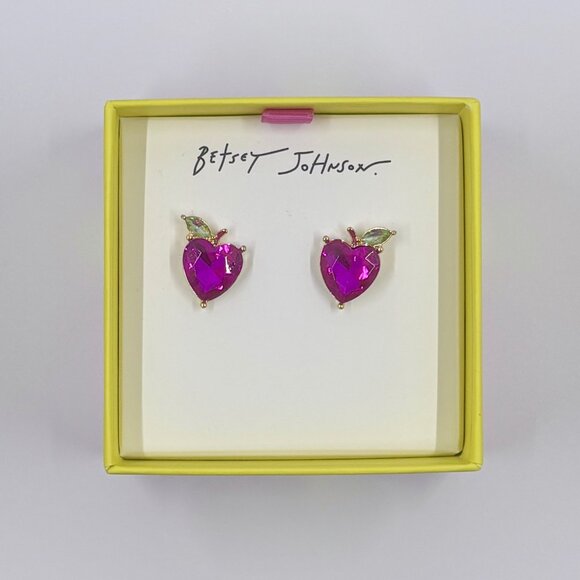NWT Betsey Johnson APPLE STUD EARRING PINK DIAMOND Heart Teacher Jewelry School - Picture 2 of 7